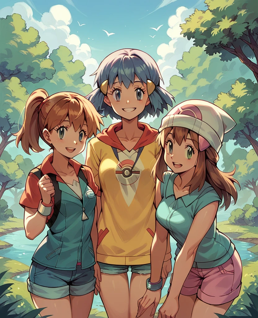 Character pokemon, Three girls , Misty , Dawn, May, together, smile , friends 