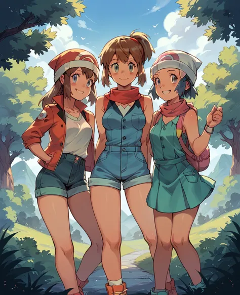 character pokemon, three girls , misty , dawn, may, together, smile , friends