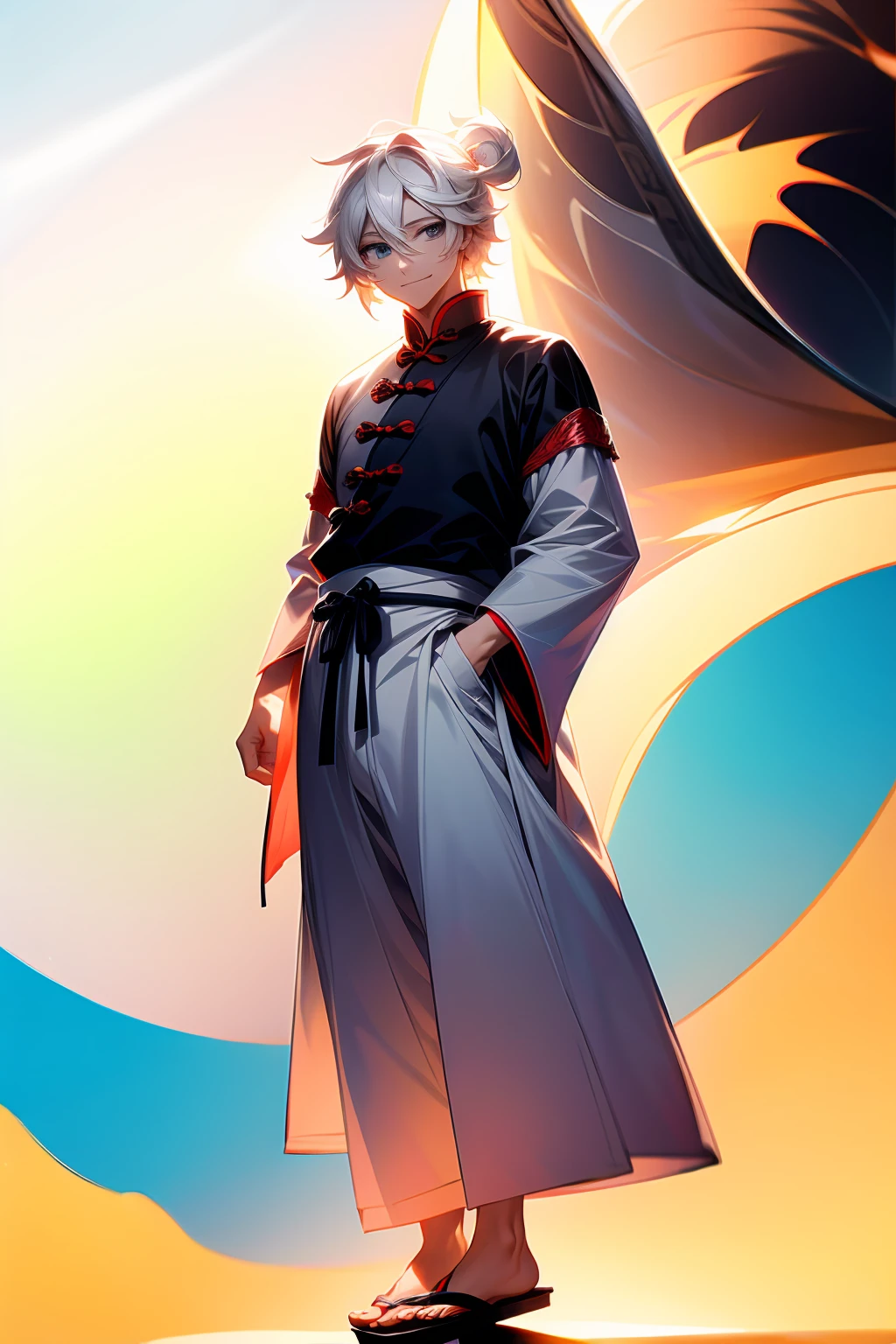 1male, Adult Male, White Eye, Black Eye, White Hair, Turtle Shell, Beach, Sandals, Smile, Chinese Outfit,