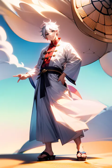 1male, adult male, white eye, black eye, white hair, turtle shell, beach, sandals, smile, chinese outfit,