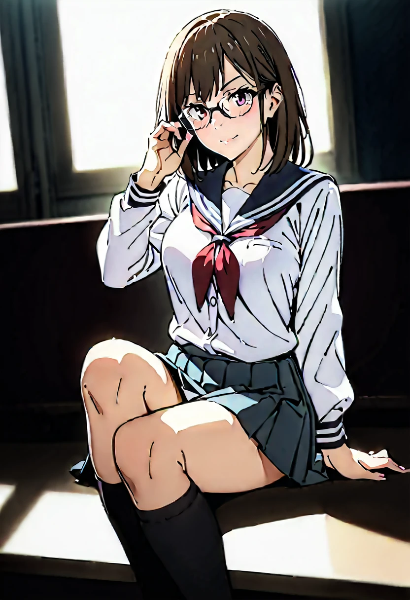 masterpiece, best quality, perfect lighting, high resolution, 1 girl, nerd, nerdy girl, beautiful, average bust, glasses, school uniform, skirt, knee socks