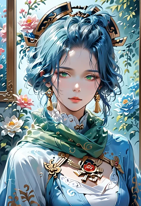 a woman in a blue dress with a long green scarf, beautiful character painting, a beautiful fantasy empress, by yang j, style of ...