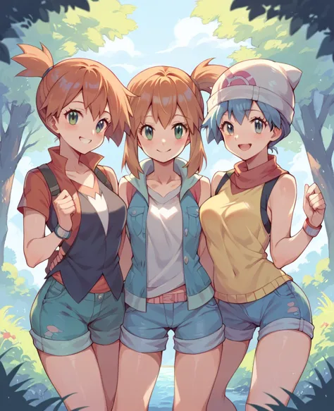 character pokemon, three girls , misty , dawn, may, together, smile , friends