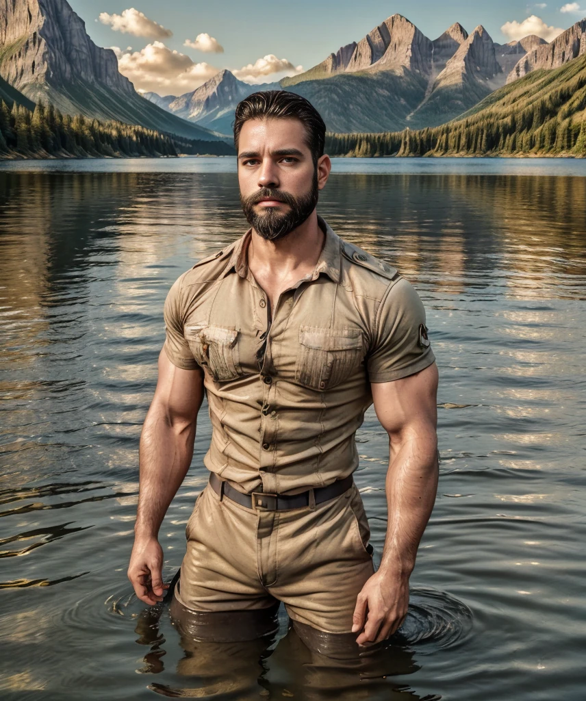 man with a beard and military shirt, standing at the edge of a lake, extremely handsome. (best quality,4k,8k,highres,masterpiece:1.2),ultra-detailed,(realistic,photorealistic,photo-realistic:1.37), detailed eyes, detailed lips, brown beard, muscular, confident expression, retro style, dramatic lighting, vibrant colors, peaceful and serene atmosphere, reflections on the water, symmetrical composition, crisp focus, golden hour lighting, calm and clear water, mountains in the background, lush greenery, picturesque scenery, stylish outfit, rugged and masculine appearance, contemplative pose, strong and toned physique.