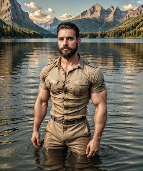 man with a beard and military shirt, standing at the edge of a lake, extremely handsome. (best quality,4k,8k,highres,masterpiece...