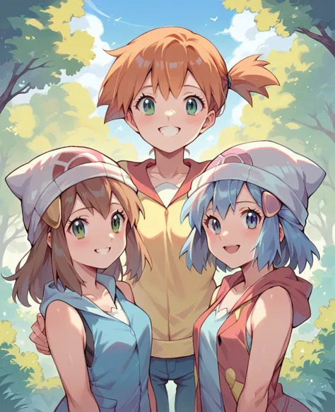 character pokemon, three girls , misty , dawn, may, together, smile , friends