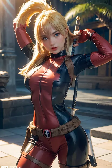 (((3d,cgi))) “cartoon art-style” realistic portrait of a sexy and busty female superhero character in the style of deadpool, i h...