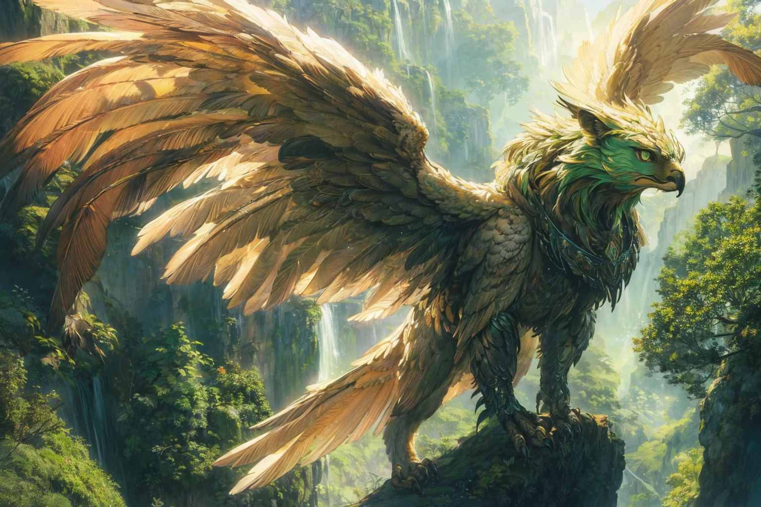 (best quality, photorealistic, ultra-detailed), griffin, a hawk with the body of a lion, wings, tail with feathers, green trees, cliff, fantasy cover art