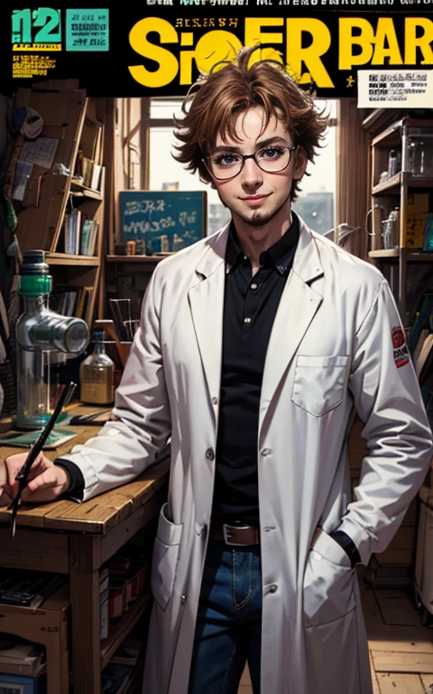 best quality,highres:1.2),ultra-detailed, pencil drawn portrait of a male geeky mad scientist, scientist lab coat, genius expression, glasses shining ,intelligent eyes, mischievous smile, raised eyebrow, dark background, colourful test tubes, glowing green flask, scientific equipment, quirky and eccentric personality, chaotic energy, sci-fi elements, comic book style, vibrant colours, dynamic lighting.