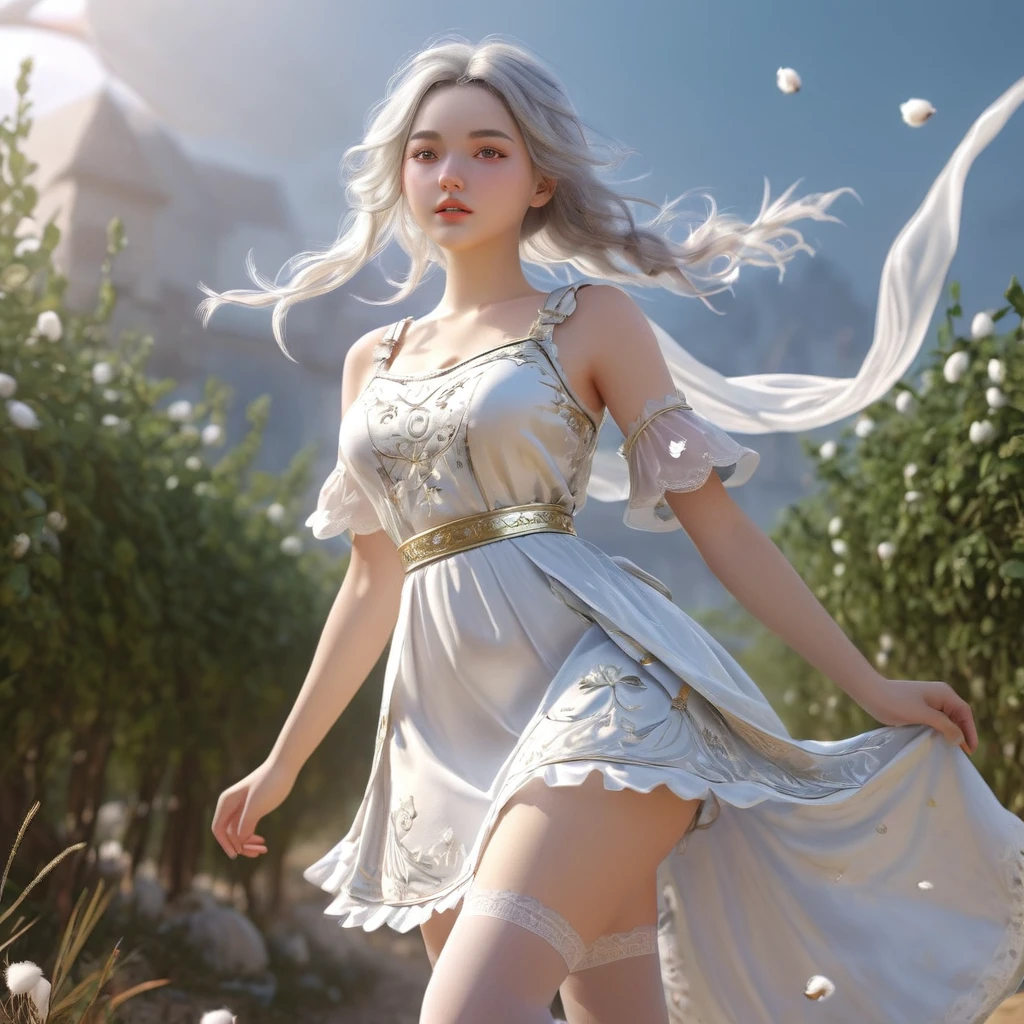 (Highly detailed CG Octane render 8k wallpaper),  Girls Underwear, You can see real bloomers made from cotton fabric.., With panniers, Medieval Translucent Dress, Fabric Realism, Low - Angle,  Pull up the dress by hand, Strong winds, Translucent slip, Translucent slip, tights, Highest quality, whole body, I can see your thighs, Silver and gold embroidery, The dress is also embroidered.