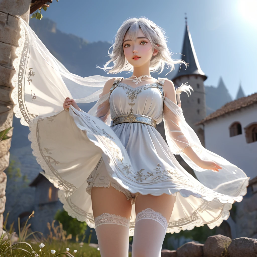 (Highly detailed CG Octane render 8k wallpaper),  Girls Underwear, You can see real bloomers made from cotton fabric.., With panniers, Medieval Translucent Dress, Fabric Realism, Low - Angle,  Pull up the dress by hand, Strong winds, Translucent slip, Translucent slip, tights, Highest quality, whole body, I can see your thighs, Silver and gold embroidery, The dress is also embroidered.