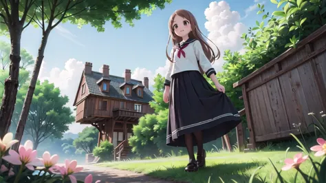 (masterpiece),  town,  blue sky,  one girl,  smile,  alone,  sailor suit, long skirt,  overgrown,  petal,  plant、skirt lining、tr...