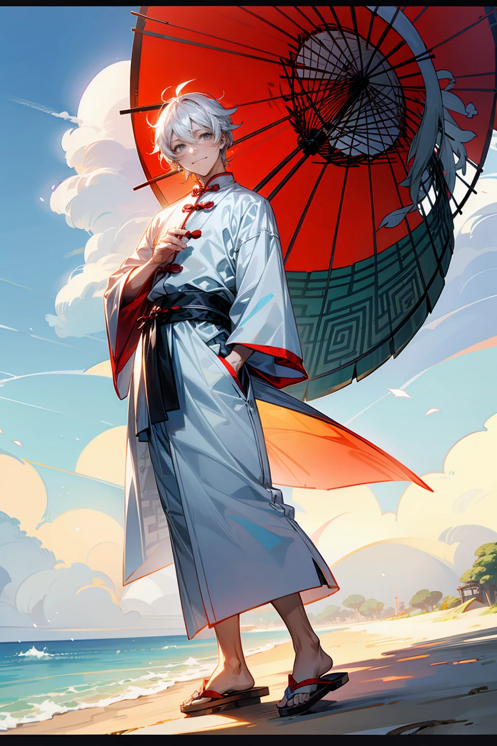 1male, Adult Male, Grey Eyes, White Hair, Beach, Sandals, Smile, Chinese Outfit, Turtle