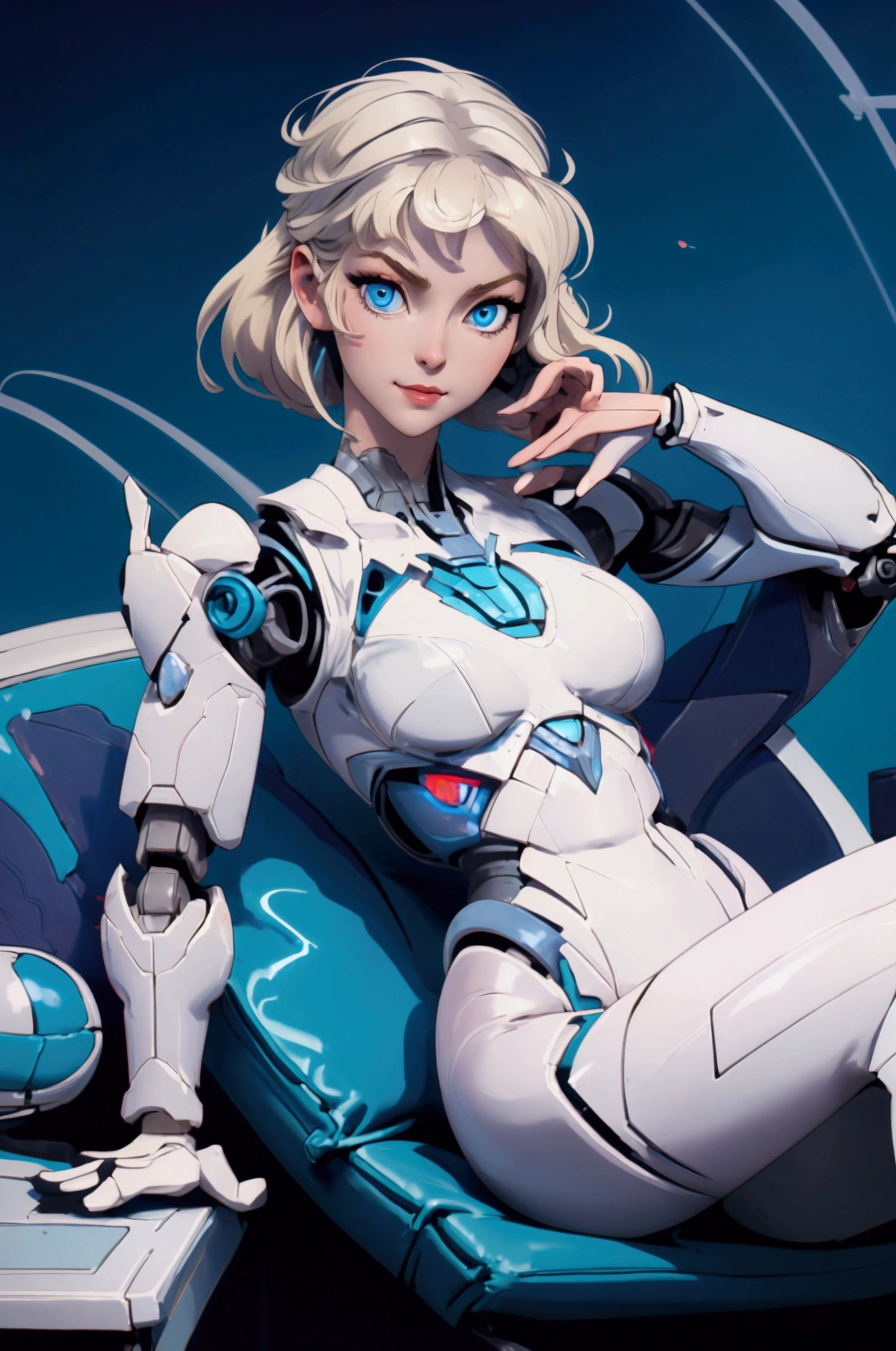 Beautiful robot woman, large breasts, pale white skin, blue eyes, short blonde hair, small smile, lounging on a sofa, spaceship background, highest quality