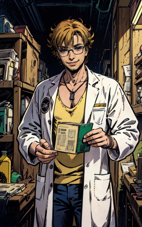 best quality,highres:1.2),ultra-detailed, pencil drawn portrait of a male geeky mad scientist, scientist lab coat, genius expres...