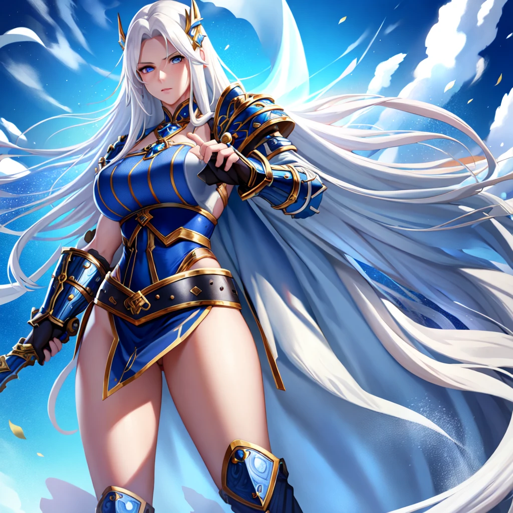 1girl, long wavy white hair, blue eyes, ice, sword, fantasy, muscles, voluptuous, thirties, leather armor accessories, no clothes, covered with her long hairs, high quality hd 8k, 4k, 
