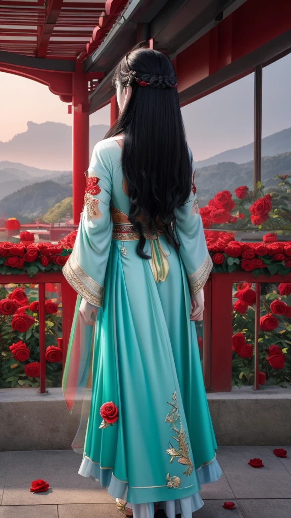 High quality image 8k resolution full camera HDR lens aperture f2.4 wide original f1.8 see full panorama a beautiful asian girl with long smooth black hair shooting fashion collections in a lively space behind the girl's back are beautiful pale red roses