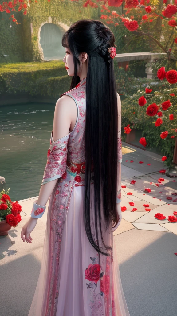 High quality image 8k resolution full camera HDR lens aperture f2.4 wide original f1.8 see full panorama a beautiful asian girl with long smooth black hair shooting fashion collections in a lively space behind the girl's back are beautiful pale red roses