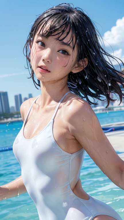 (((masterpiece)))、(((Highest quality)))、((Sky City Coast))、(whole body)、(beautiful girl)、(((Unique and innovative swimsuit design)))、(Small and slim body type)、(Very detailed)、(Perfect Anatomy)、(Small female hand:1.2)、(Large Breasts:1.2)、(Detailed skin texture)、(Clear white skin)、(Smooth and beautiful skin)、((Beautiful female small muscle))、(Smoothly shaped collarbone:1.2)、(Realistic:1.4)、(Accurate Shadows:1.3)、(Professional Lighting)、(blush:1.5)、(Hair dancing in the wind:1.3)、(Wet swimsuit:1.3)、(detailed water drops:1.3)