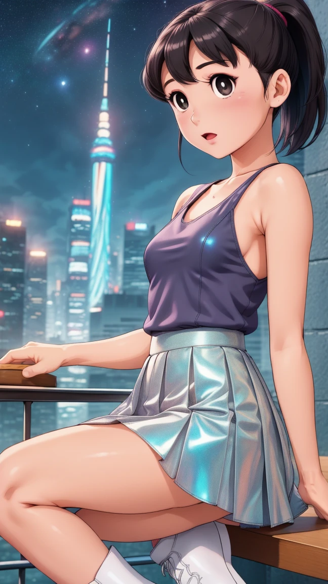 1girl light skin, small breasts,that highlight her facial features, with short hair, ponytail andblack hair,shizuka,hot, silver shirt, Underneath the shirt she wears another tight shirt, with details in vibrant colors reminiscent of the stars and planets of outer space, and a blue skirt high-top boots with non-slip soles,