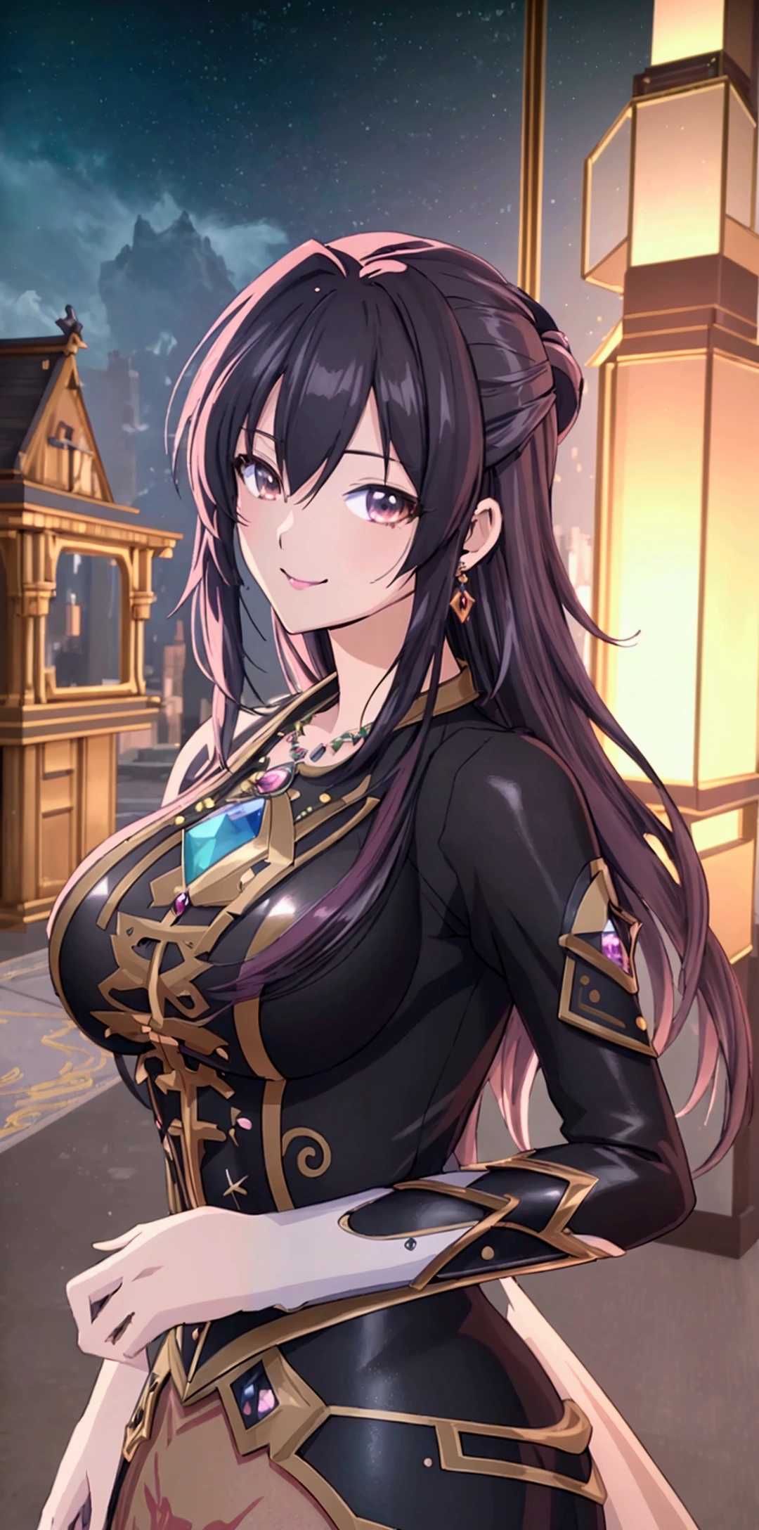 ((Highest quality、masterpiece、best quality,unreal engine,unity 8k wallpaper,anime style,animation style、High resolution、8k、detailed、ultra-detailed:1.3)),smile, elegant adult woman,Dynamic movement,Western-style large room,Beautiful gemstone necklace、Exquisitely crafted earrings,(((((Different world,Outside the city,Steppe zone:1.2)))))