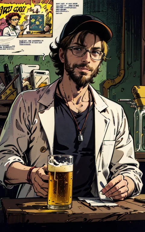 best quality,highres:1.2),ultra-detailed, (pencil drawn portrait of a Male geeky mad scientist,) baseball cap, a man with short hair,        goatee beard, scientist lab coat, genius expression, glasses shining ,intelligent eyes, mischievous smile, raised eyebrow, (holding a glass of beer in one hand and a test tube in the other hand,) dark background, colourful test tubes, glowing green flask, scientific equipment, quirky and eccentric personality, chaotic energy, sci-fi elements, 80s retro comic book style, vibrant colours, dynamic lighting. Man