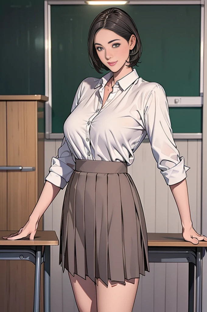 individual，short hair，Photorealism，detailed，masterpiece，teenager，Beautiful girl，Large Breasts，Standing，가슴罩，Pleated Skirt，In classrooms，cute，Smile，
