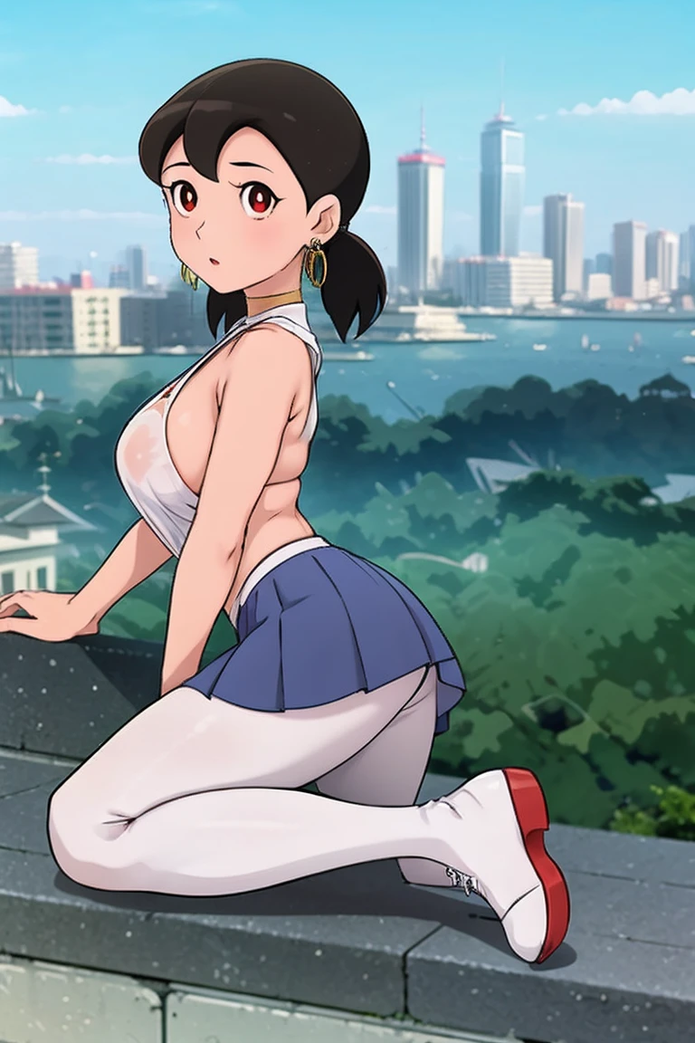 1girl, close up shot, (light black hair(0.1), medium hair, large breasts, red eyes), perfect anatomy, city, , (( earrings, see through white leggings)),  buildings,cigarette,shizuka,hot,looking at viewer,with details in vibrant colors reminiscent of the stars and planets of outer space, and a blue skirt high-top boots with non-slip soles,
