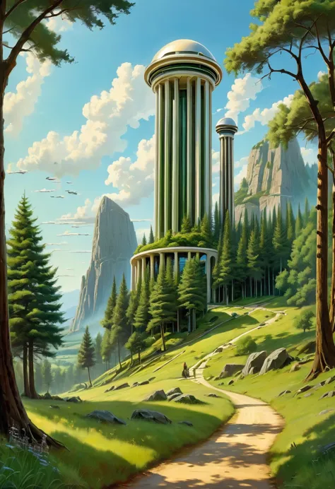 ralph-mcquarrie style, greek architecture done in a sci-fi style on a beautiful forest and meadow scene with tall buildings and ...