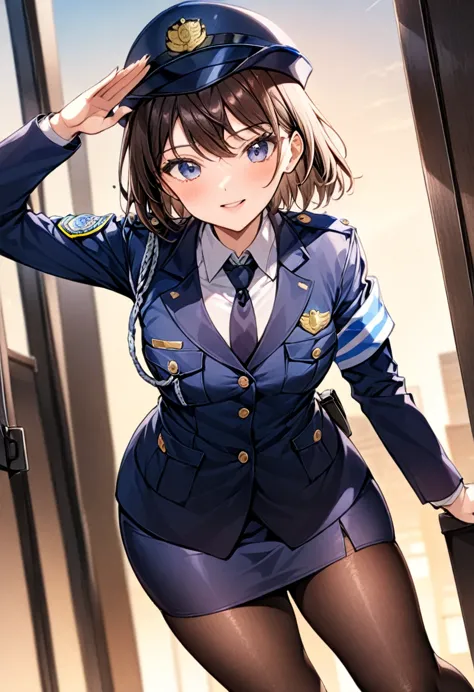 one woman、female police officer、紺色のfemale police officer、female police officerの制帽、overlooking、salute pose、uniform buttons、collar...