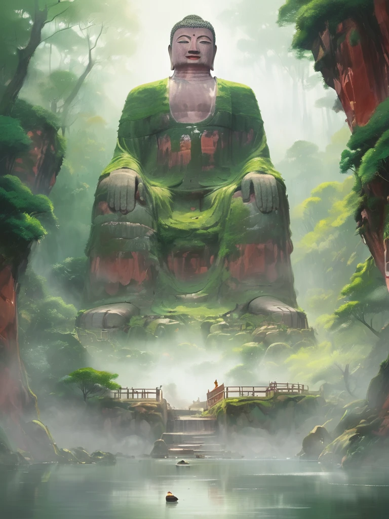 Exquisite，There is a red rock Buddha statue in the forest.，Abundant sunshine，Anime Colors，Green tone，Oil painting landscape，Brushstrokes，Leshan Giant Buddha，Foggy