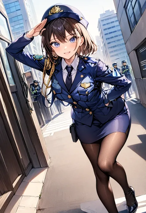 one woman、female police officer、紺色のfemale police officer、female police officerの制帽、overlooking、salute pose、uniform buttons、collar...