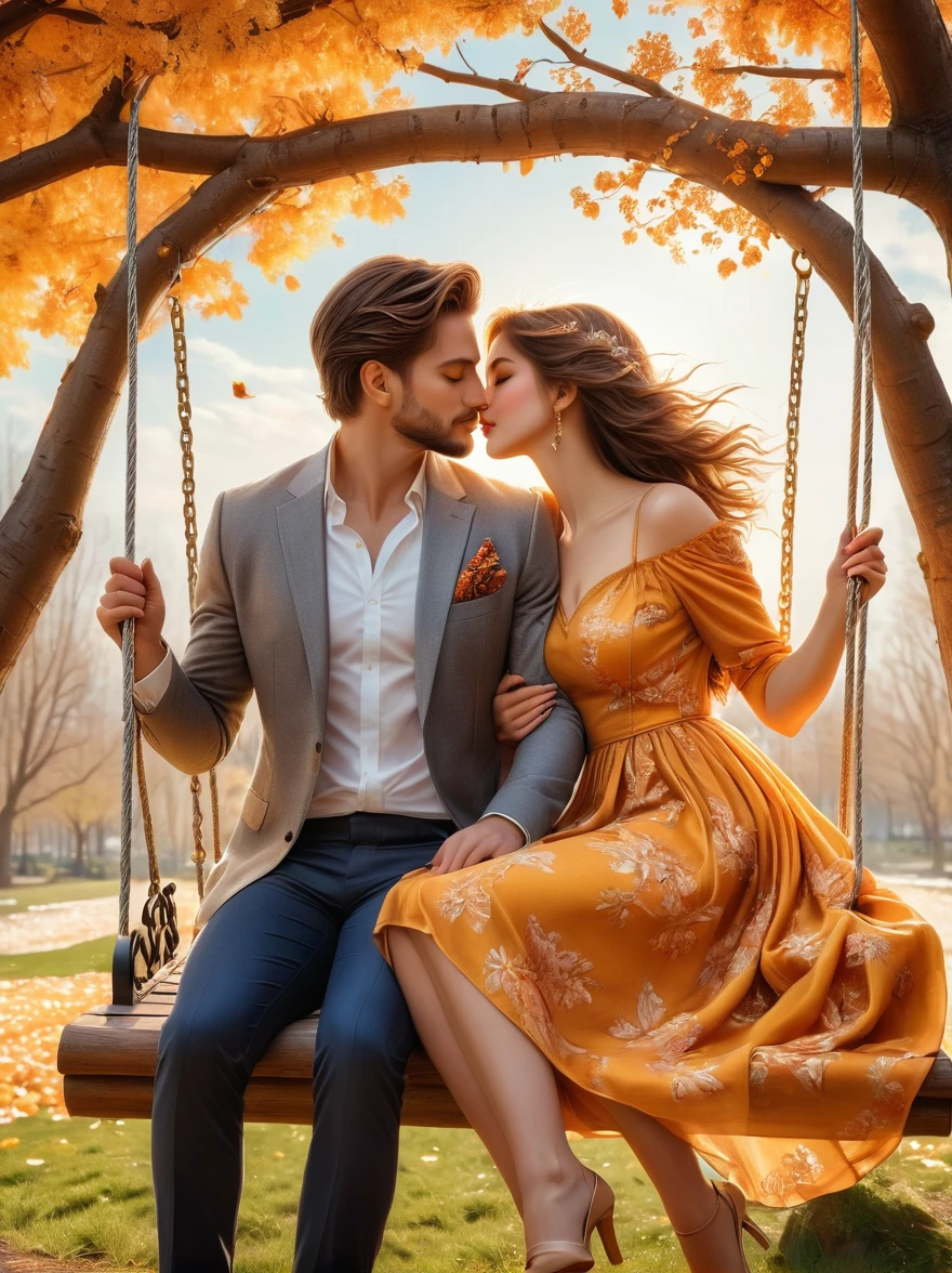 Photograph of two people，pair, sitting on a swing in the spring，everything is blooming passionate kisses，stunning scenery，Golden spring leaves，beautiful detailed eyes，beautiful detailed lips，extremely detailed eyes and face，long eyelashes，Cozy Fall Outfits，warm colors，sunlight through trees，wind，picturesque park，Romantic mood，Calm background，(Best quality，8 K，a high resolution，masterpiece), Ultra detailed, (Realism，照片Realism)，HDR，uhd，studio lighting，super excellent，Sharp Focus，physically based rendering，very detailed description，main，bright colors，background blur