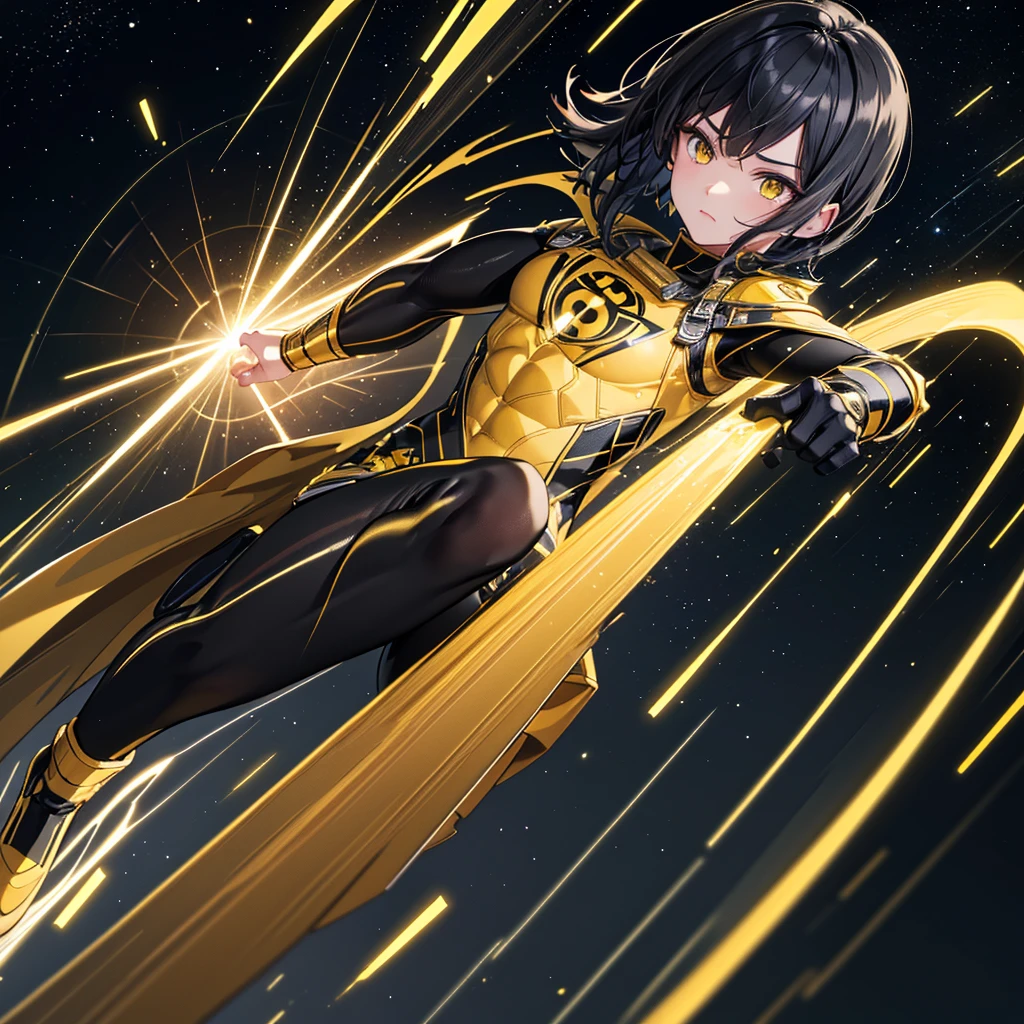 a superhero boy with black hair and yellow eyes, full full yellow costume, flying in space, (best quality,4k,8k,highres,masterpiece:1.2),ultra-detailed, studio lighting,extremely detailed face and eyes,intricate superhero costume,dynamic action pose,glowing yellow energy,sci-fi space background,cinematic lighting,vibrant colors