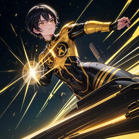 a superhero boy with black hair and yellow eyes, full full yellow costume, flying in space, (best quality,4k,8k,highres,masterpi...