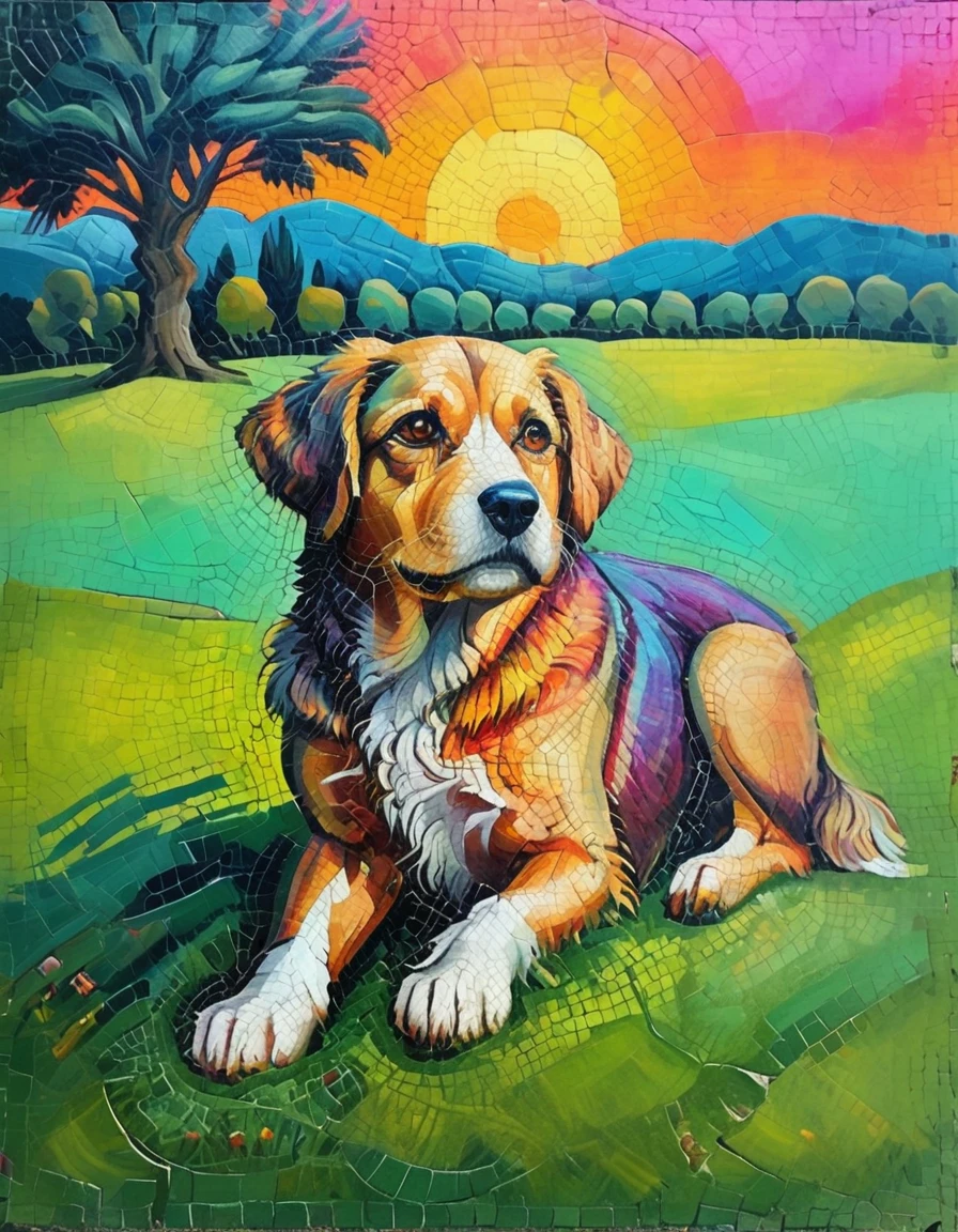 Masterpiece,Best Composition,Dynamic Composition,Colorful Landscape Painting,Dog on Lawn,Close-up of Dog,Psychedelic Landscape,Vivid Oil Painting,Vivid Abstract Landscape.