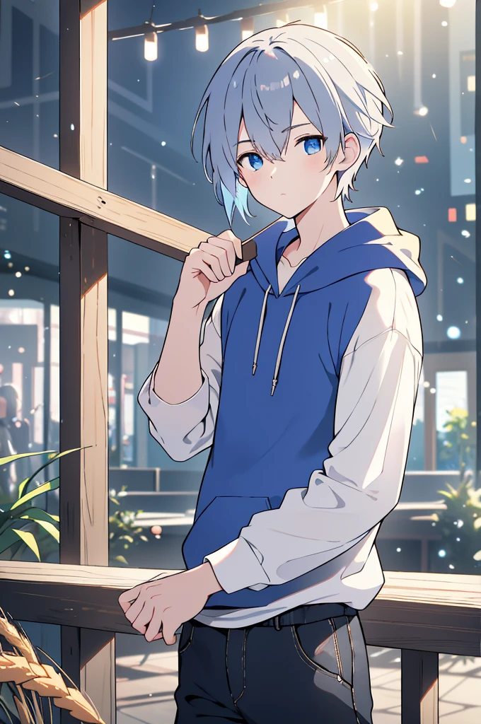 Short silver hair tied in a ponytail、Young beautiful man, Deep blue eyes, Sleepy look, Floating in the air, Wearing a shirt and a navy blue hoodie, pants, Working in the wheat fields, Holding a hoe,(Highest quality,4K,8k,High resolution,masterpiece:1.2),Very detailed,High resolution,超High resolution,Studio Lighting,Ultra-fine painting,Sharp focus,Physically Based Rendering,Very detailed説明,Professional,Vibrant colors,Bokeh,