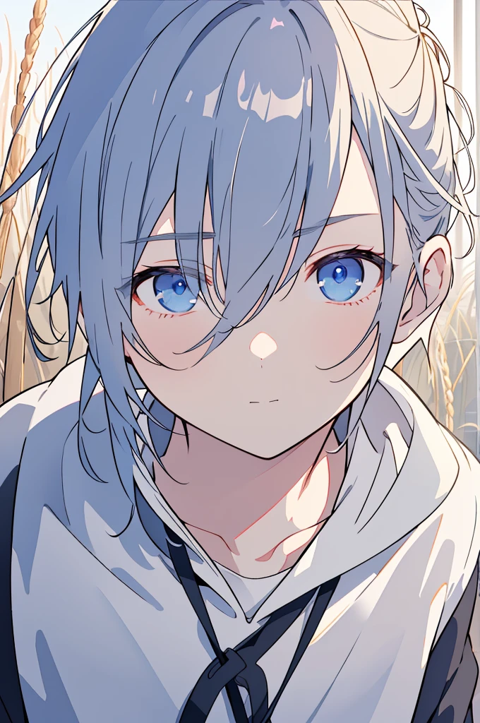 Short silver hair tied in a ponytail、Young beautiful man, Deep blue eyes, Sleepy look, Floating in the air, Wearing a shirt and a navy blue hoodie, pants, Working in the wheat fields, Holding a hoe,(Highest quality,4K,8k,High resolution,masterpiece:1.2),Very detailed,High resolution,超High resolution,Studio Lighting,Ultra-fine painting,Sharp focus,Physically Based Rendering,Very detailed説明,Professional,Vibrant colors,Bokeh,