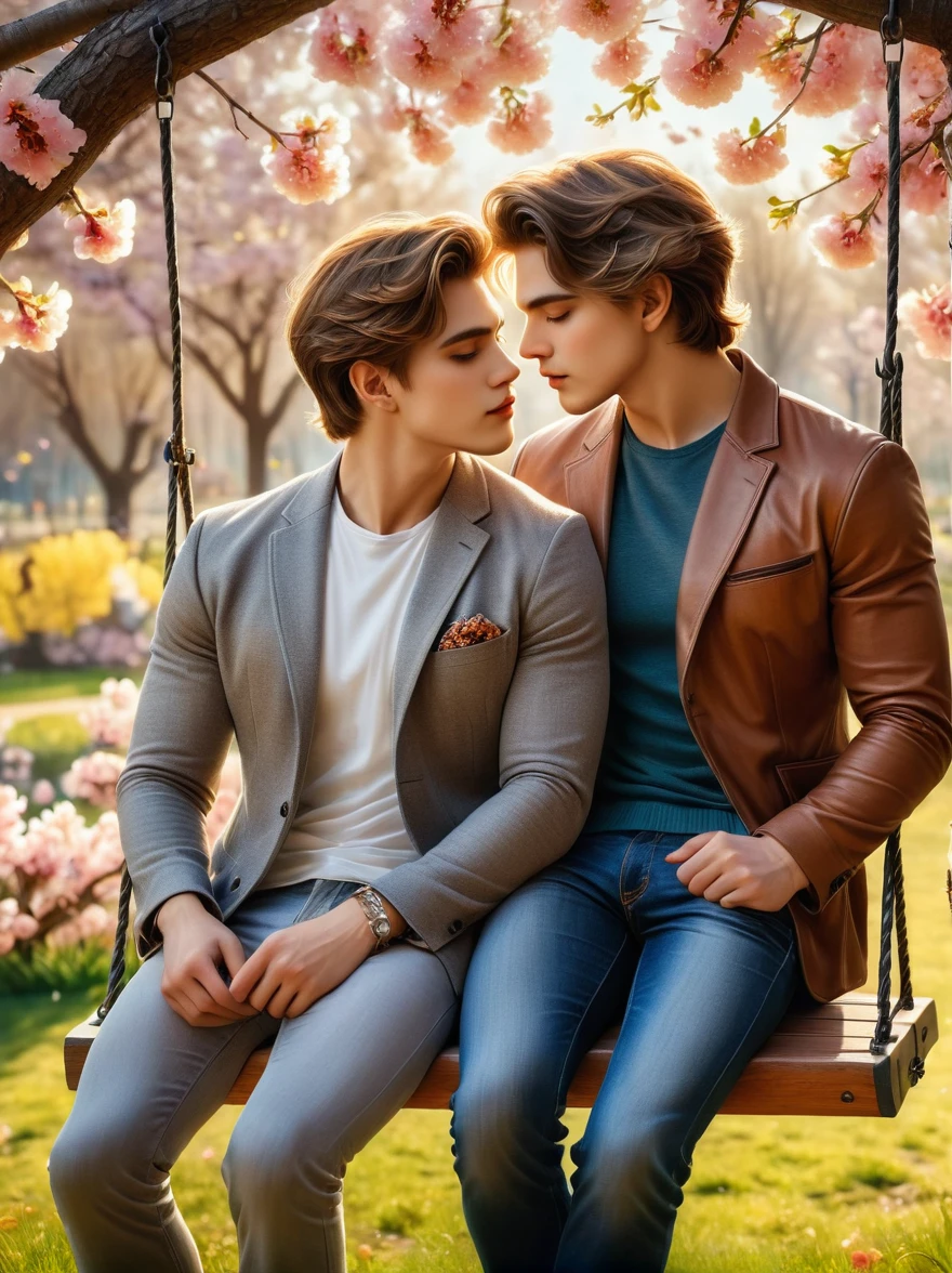 Photograph of two young men，pair, sitting on a swing in spring，everything is blooming and passionate kisses，stunning spring landscapes，beautiful spring flowers，beautiful detailed eyes，beautiful detailed lips，extremely detailed eyes and face，long eyelashes，Cozy Fall Outfits，warm spring colors，sunlight through trees，wind，picturesque park，Romantic mood，Love,Calm background，(Best quality，8 K，a high resolution，masterpiece), Ultra detailed, (Realism，照片Realism)，HDR，uhd，studio lighting，super excellent，Sharp Focus，physically based rendering，very detailed description，main，bright colors in spring ，background blur