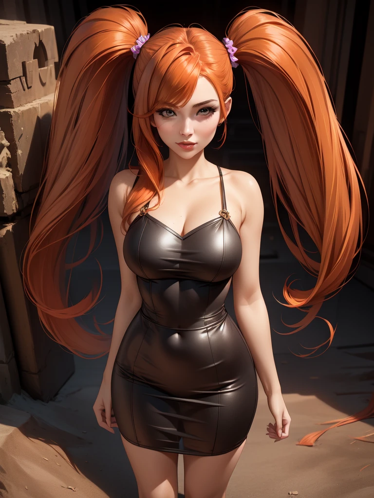 beautiful woman with orange hair (mega twintails) 8k, masterpiece, Very detailed, Alone,
Underground city,
Inclined shot,
Amazing,
Ecstatic,
tube top