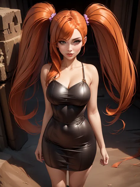 beautiful woman with orange hair (mega twintails) 8k, masterpiece, very detailed, alone,
underground city,
inclined shot,
amazin...