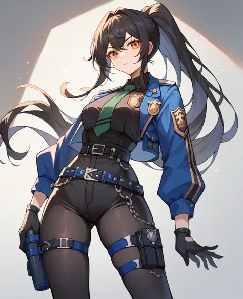 zhu yuan as publisec get tied up, very thick, orange eyes, black hair, long hair, streaked hair, ponytail
metal hairband, police...