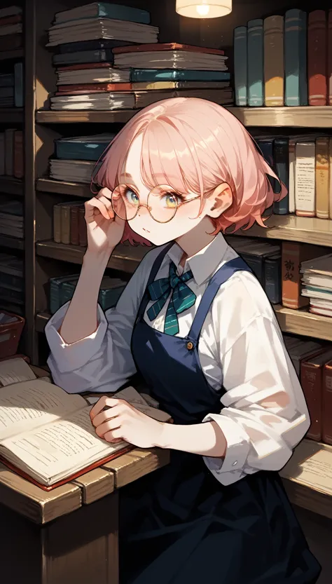 score_9, score_8_up, score_7_up,a girl, wearing round tinted glasses，background is a bookstore