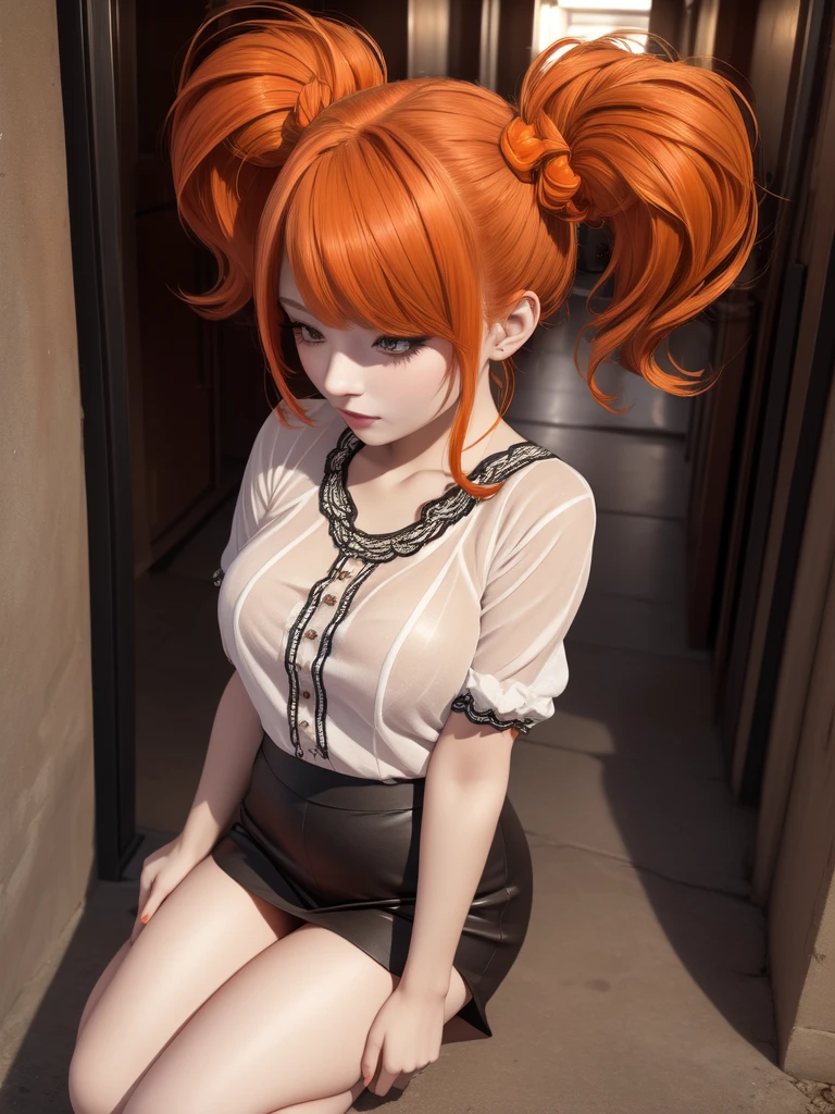 beautiful woman with orange hair (mega twintails) 8k, masterpiece, Very detailed, Alone, Underground city, Inclined shot, Amazing, Ecstatic, tube top
