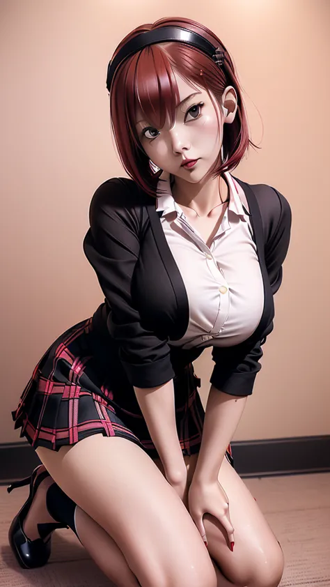 female about 20 years old、the front hair is even、short bob style、red hair、slender body、ample bust、the blouse has a ribbon、checke...