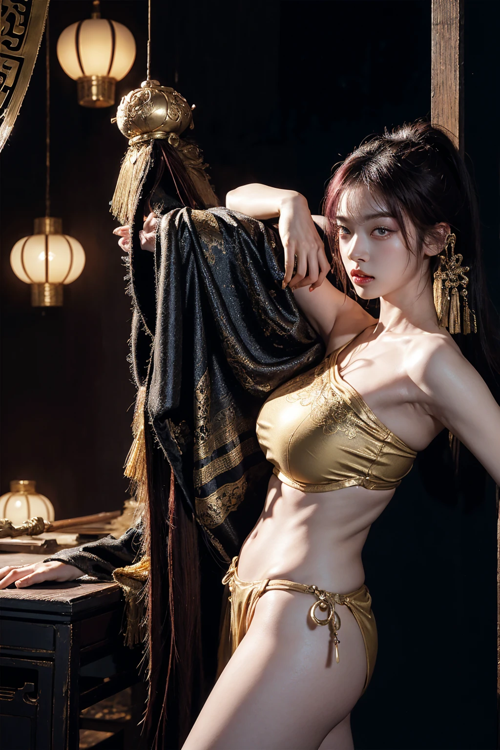 korean goddess, otherworldly, cute young woman with gigantic breasts, beautiful eyes, glowing gold eyes, wuxia, masterpiece, pale skin, asura clan, extremely voluptuous, black-pink gradient hair, long ponytail, straight bangs, blunt bangs, smug expression, black eye liner, face focus, dark eyeshadow, prominent brows, tall nose, extremely enormous breasts, narrow waist, very wide hips, thick thighs, huge ass, punk_goth, black chinese robes with gold prints, expensive silk clothing, deep cleavage, bare shoulders, highly detailed face, black nails, toned, abs, 超High resolution,Textured skin, Super detailed, Detailed, high quality, 最high quality, High resolution, 8K, raytracing, gorgeous muscles
