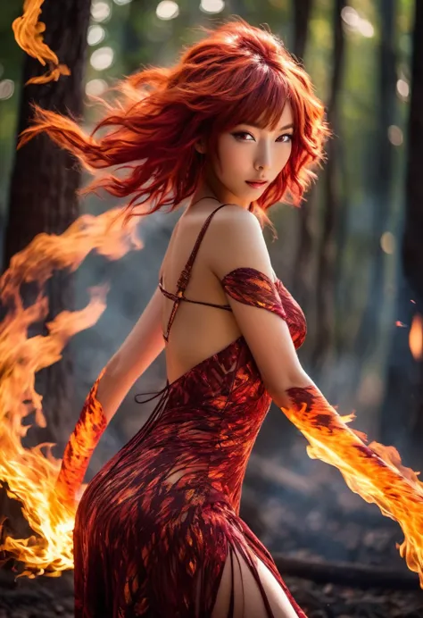 a fire sprite (yuna, cute woman, patches of flame dance on her skin, sheer flaming dress very revealing, light red skin, deep re...