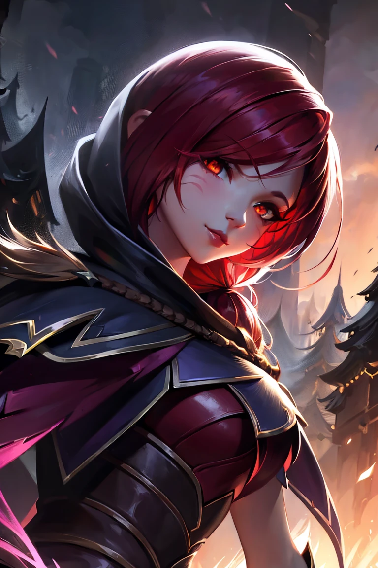 masterpiece, 8K, Delicate face, portrait, 1 girl, ( haze (League of Legends 1.1)), hoodie, cape, Sexy pose, Pretty Face, Asymmetrical long hair, Red hair, belt, black, Orange Eyes, Sweet smile, Forest in the background, Posing for the camera, Looking down at the audience, of the night city, rain, Full view