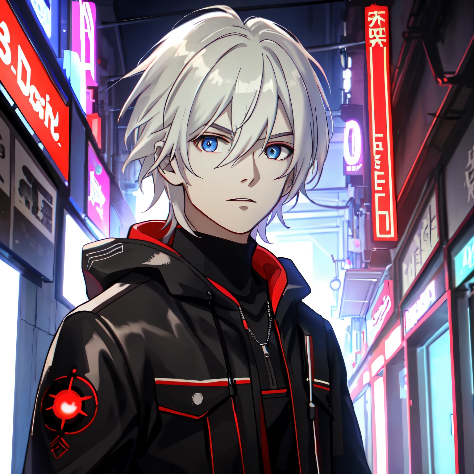 (high-quality, breathtaking),(expressive eyes, perfect face) portrait, Symmetrical Eyes, 1boy, male, teenager, solo, looking at viewer, portrait, simple background, white background, apocalyptic theme, ruined city buildings, alleyway, allen walker, red eye color, white hair, halfbody shot, medium hair length, neutral expression, charming, black and red jacket, hood, red trim, soft smile, cyberpunk clothing, Abzu
