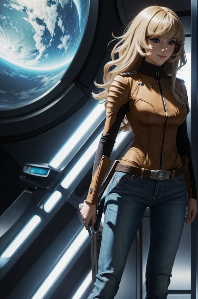 Anime style female character inspired by vintage space opera aesthetics, with elongated facial features, 165 cm tall, having blond, waist-length, wavy hair with V bangs, and blue eyes. She is wearing ultra tight skinny jeans with high riding boots over them, adding an equestrian touch to her ensemble. The character's design reflects a blend of space opera elements and a realistic body proportion, highlighting her strong yet feminine presence, big boobs,big ass, smile